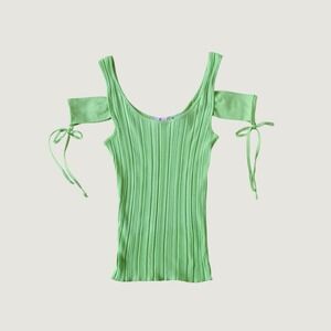 Coed Cold Off Shoulder Top Womens Green Ribbed Tie Sleeve Y2K Medium Knit Tank